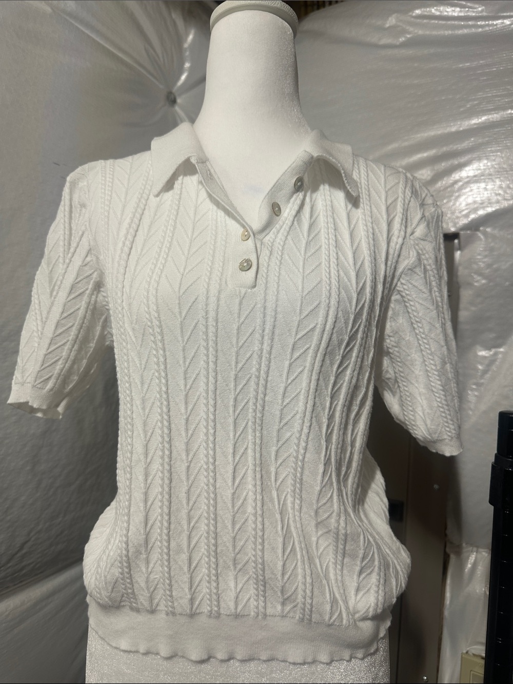 White Short-Sleeve Knit Polo Top - Women's Textured Cable Design